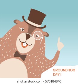 Happy Groundhog day illustration with cute marmot head in gentleman hat and eyeglasses