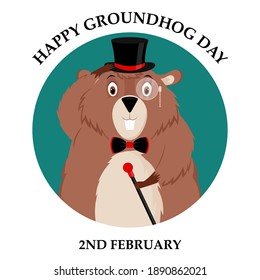 Happy Groundhog Day. Illustration of a sticker depicting an elegant groundhog in a top hat and tie. Vector illustration.