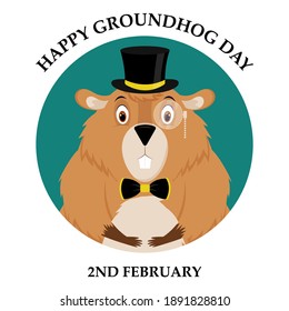 Happy Groundhog Day. Illustration of a sticker depicting an elegant groundhog in a top hat and tie. Vector illustration.