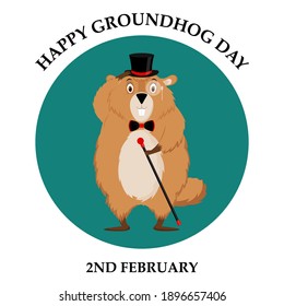 Happy Groundhog Day. Illustration of a sticker depicting an elegant groundhog in a tuxedo, top hat and tie. Vector illustration.