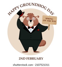 Happy Groundhog Day. Illustration of a sticker depicting an elegant groundhog in a tuxedo, top hat and tie. Vector illustration.