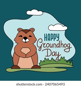 Happy Groundhog Day inscription. Handwriting text banner concept Happy Groundhog Day. Hand drawn vector art.