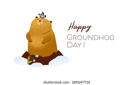 Happy Groundhog Day inscription on card with cute brown marmot waking up and coming out from its hole in February to greet spring. Color flat textured vector illustration isolated on white background