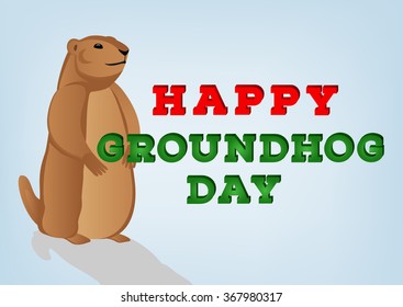 Happy groundhog day inscription on blue background. Groundhog cartoon character looking at his shadow. Design template with text in 3d style. Vector illustration