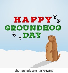 Happy groundhog day inscription on blue background. Groundhog cartoon character looking at his shadow. Design template with text in 3d style. Vector illustration