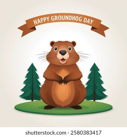 Happy groundhog day, invitation card or advertising banner. vector illustration with white background.