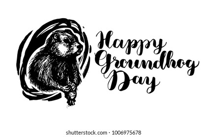 Happy Groundhog Day. Isolated Vector Illustration. Template For Label Poster, Logo, Web, Card.  Hand Drawing Background Banner. Engraving