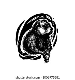 Happy Groundhog Day. Isolated Vector Illustration. Template For Label Poster, Logo, Web, Card.  Hand Drawing Background Banner. Engraving