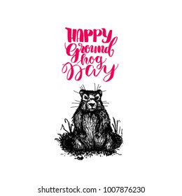 Happy Groundhog Day. Isolated Vector Illustration. Template For Label Poster, Logo, Web, Card.  Hand Drawing Background Banner. Engraving