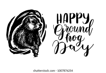 Happy Groundhog Day. Isolated Vector Illustration. Template For Label Poster, Logo, Web, Card.  Hand Drawing Background Banner. Engraving