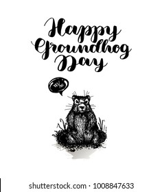 Happy Groundhog Day. Isolated Vector Illustration. Template For Label Poster, Logo, Web, Card.  Hand Drawing Background Banner. Engraving