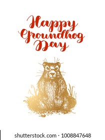 Happy Groundhog Day. Isolated Vector Illustration. Template For Label Poster, Logo, Web, Card.  Hand Drawing Background Banner. Engraving