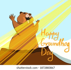 happy groundhog day. joyful marmot in the sun. orange text.