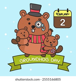 Happy Groundhog Day with kids winter season kawaii sticker. Cute woodland animals (Woodchuck cartoon) Forecast weather. Harbingers of spring. Vector illustration Flat clipart banner and background.