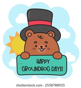 Happy Groundhog Day with label and sun kawaii sticker. Cute woodland animals (Woodchuck cartoon) Forecast weather. Harbingers of spring. Vector illustration Flat clipart banner and background.