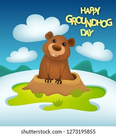 Happy groundhog day letter greeting card typography poster template cute 3d cartoon style illustration 