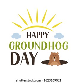 Happy Groundhog Day lettering and cute cartoon marmot crawling out of a hole isolated on white. Easy to edit vector template for greeting card, typography poster, banner, flyer, sticker, etc.