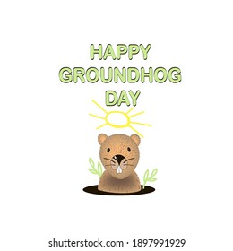 Happy Groundhog Day-Schrift mit süßem Cartoon Erdhund einzeln auf Weiß. Mink Marmot. Vektorgrafik-Layout für Postkarte, typografisches Poster, Banner, Flyer, T-Shirt, Aufkleber usw.