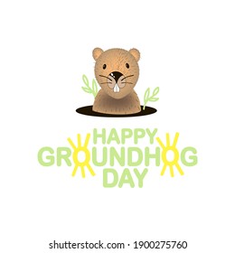 Happy Groundhog Day-Schrift mit süßem Cartoon Erdhund einzeln auf Weiß. Eine Inschrift mit der Sonne statt mit Buchstaben. Mink Marmot. Vektorgrafik-Layout für Postkarten, typografisches Poster, Banner, Flyer