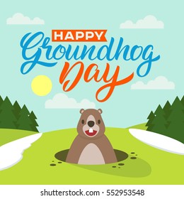 Happy Groundhog Day. Lettering greeting. Vector illustration.