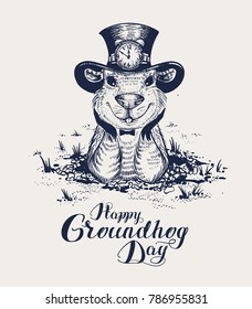 Happy Groundhog Day lettering text for greeting card. Funny marmot in hat gets out of hole and looks forward. Black and white vector retro illustration
