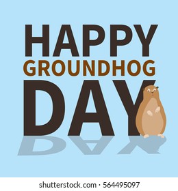 Happy groundhog day logo icon, cute groundhog is scared of his shadow, perfect for greeting cards invitations posters prints on T-shirt wish text  vector illustration, isolated on a blue background