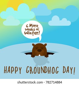 Happy Groundhog Day! Groundhog looks out of the burrow on a sunny day and says: 6 more weeks of winter. Vector illustration