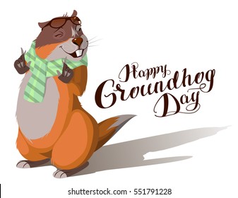 Happy Groundhog Day. Marmot casts shadow. Lettering text for greeting card. Vector cartoon illustration