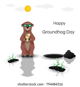 Happy Groundhog Day. Marmot casts a shadow. Vector stock illustration