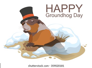 Happy Groundhog Day. Marmot climbed out of hole and yawns. Illustration in vector format