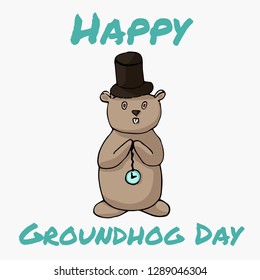 Happy Groundhog day. Marmot with clock and cylinder on white isolated background. Drawing in Doodle style theme for Groundhog day.