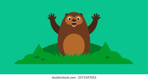 Happy Groundhog Day Marmot coming out of burrow, raising hand and welcoming spring on the green background.