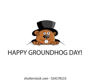 Happy groundhog day. marmot in hat look from hole. Flat design. Vector illustration.