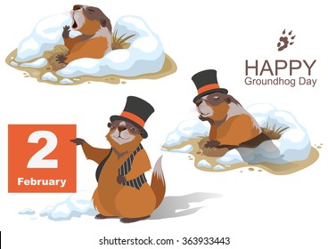 Happy Groundhog Day. Marmot holding February 2. Illustration