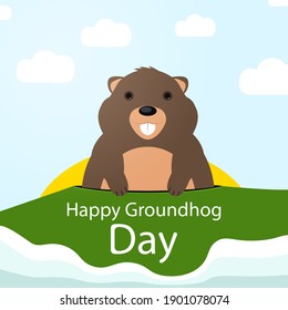 Alles Gute zum Grundurchtag! Marmot blickt aus einem Grab auf einem Hintergrund der Natur.