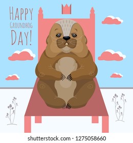 Happy groundhog day.  Marmot on the throne. Vector Illustration.