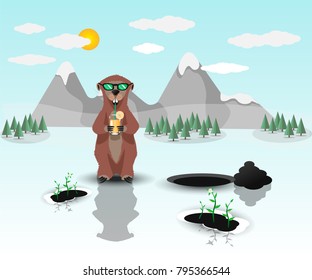 Happy Groundhog Day. Marmot on the background of mountains. Vector stock illustration