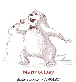 Happy Groundhog day with marmot singer.Vector hand drawn illustration isolated on white