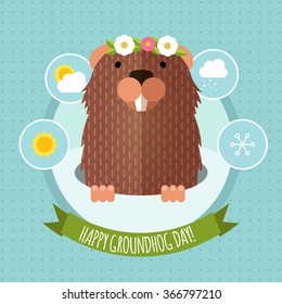 Happy Groundhog day. Marmot vector label circle background with weather icons