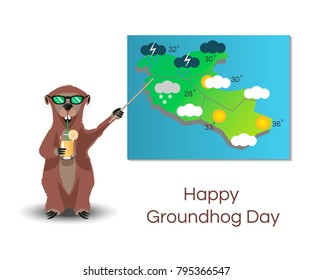 Happy Groundhog Day. Marmot weatherman, forecaster. Vector illustration