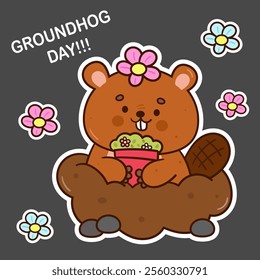 Happy Groundhog Day nature with flower pot kawaii sticker. Cute woodland animals (Woodchuck cartoon) Forecast weather. Harbingers of spring. Vector illustration Flat clipart banner and background.