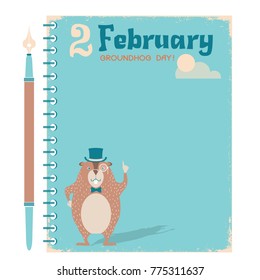 Happy Groundhog day notebook  background with marmot on vintage paper.Vector retro color illustration
