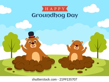 Happy Groundhog Day on February 2 with Cute Marmot Character and Garden Background Template Hand Drawn Cartoon Flat Illustration