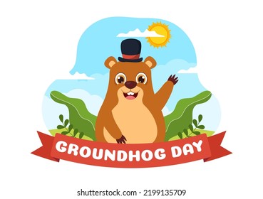 Happy Groundhog Day on February 2 with Cute Marmot Character and Garden Background Template Hand Drawn Cartoon Flat Illustration