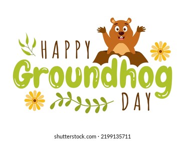 Happy Groundhog Day on February 2 with Cute Marmot Character and Garden Background Template Hand Drawn Cartoon Flat Illustration