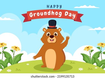 Happy Groundhog Day on February 2 with Cute Marmot Character and Garden Background Template Hand Drawn Cartoon Flat Illustration