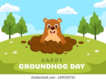 Happy Groundhog Day on February 2 with Cute Marmot Character and Garden Background Template Hand Drawn Cartoon Flat Illustration