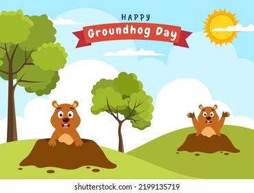 Happy Groundhog Day on February 2 with Cute Marmot Character and Garden Background Template Hand Drawn Cartoon Flat Illustration