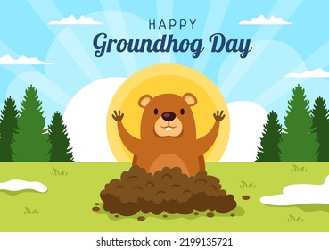 Happy Groundhog Day on February 2 with Cute Marmot Character and Garden Background Template Hand Drawn Cartoon Flat Illustration