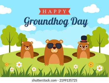 Happy Groundhog Day on February 2 with Cute Marmot Character and Garden Background Template Hand Drawn Cartoon Flat Illustration